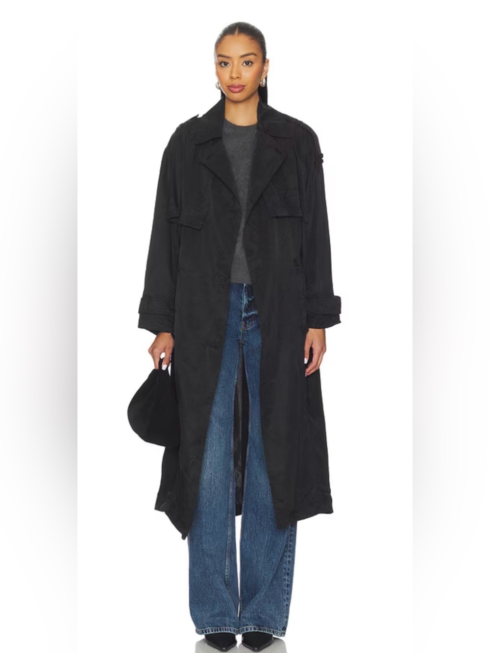AllSaints Linnie Trench Coat Black Belted Long Double Breasted Coat Medium - Picture 2 of 6